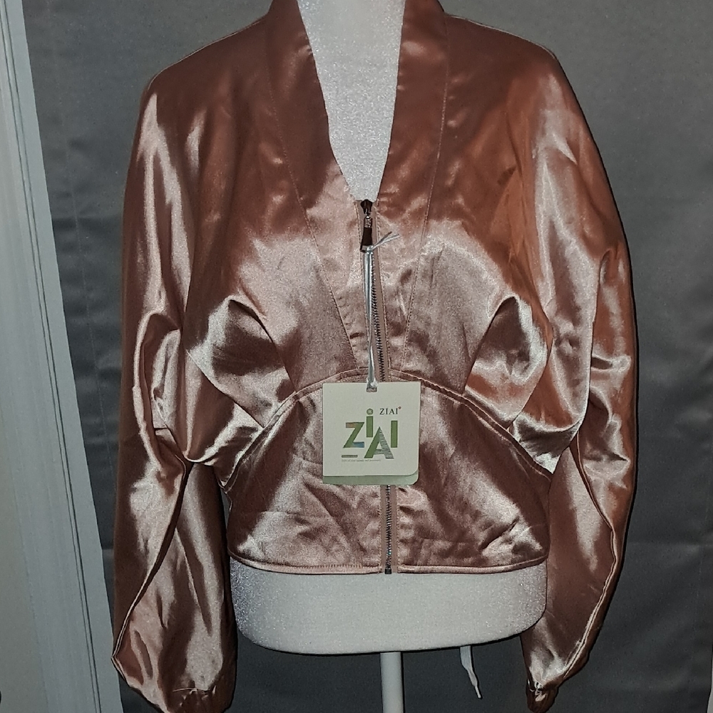 Kokon To Zai Cream Satin Jacket with Peplum Waist and Balloon Sleeves